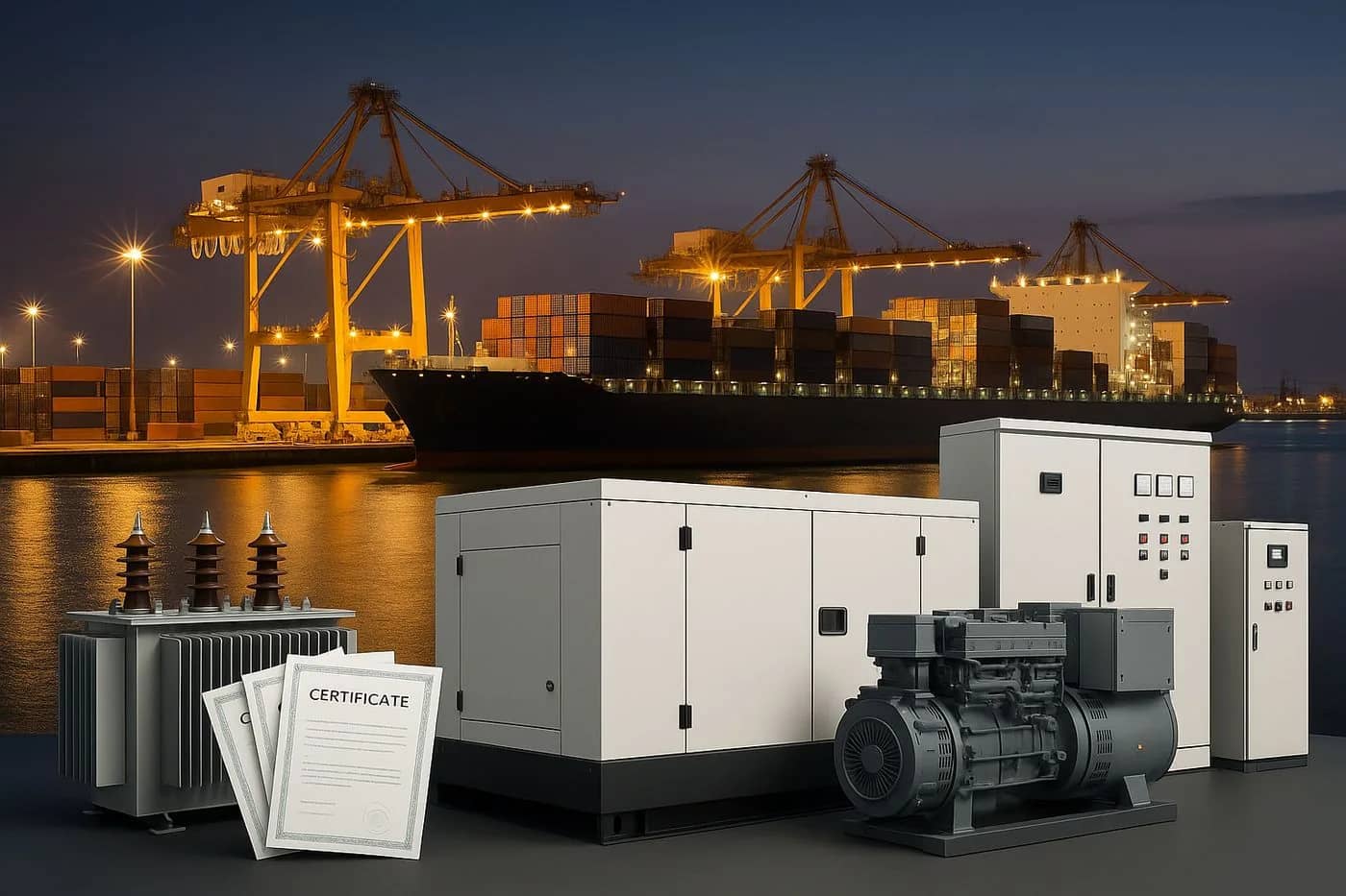 Generator sets prepared for export at a port terminal